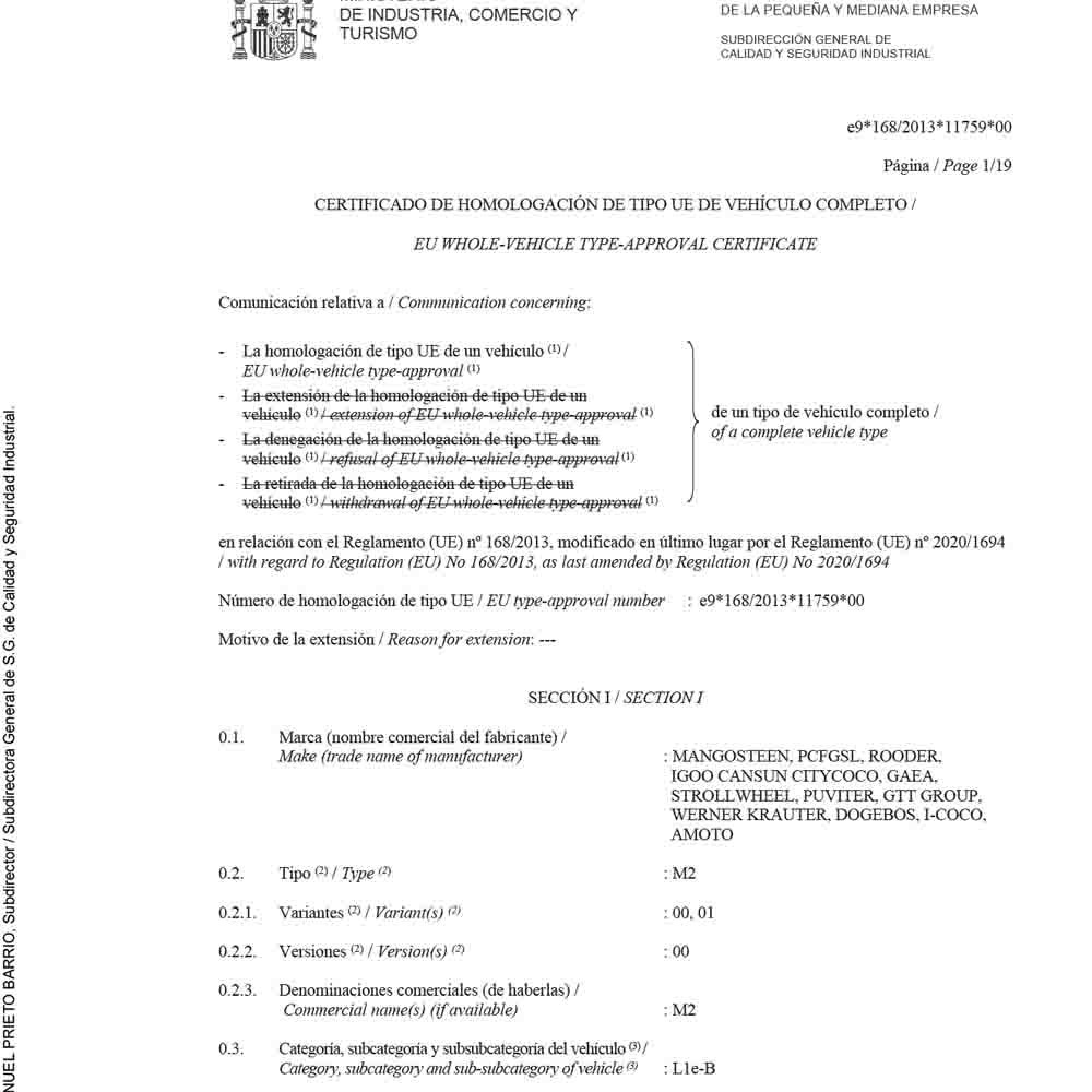 elektroroller chopper M2 certificado CEE e9_168_2013_11759_00